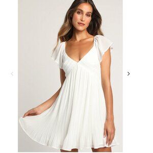 Amalfi Coast White Pleated Flutter Sleeve Mini Dress